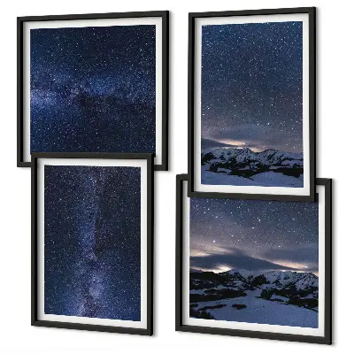 Conjunto de 4 quadros com moldura com estampa de céu noturno, montanhas e estrelas
