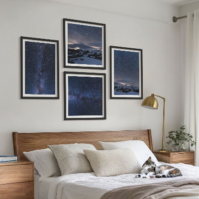 Conjunto de 4 quadros com moldura Céu noturno, montanhas, estrelas