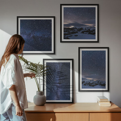 Conjunto de 4 quadros com moldura Céu noturno, montanhas, estrelas