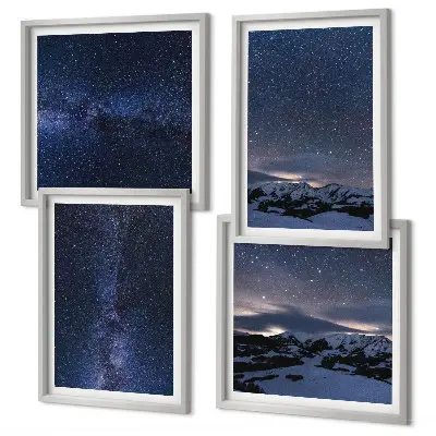 Conjunto de 4 quadros com moldura com estampa de céu noturno, montanhas e estrelas