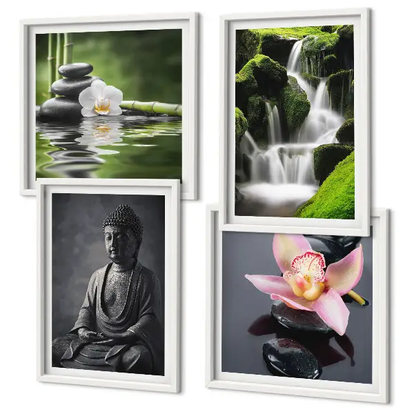 Políptico com moldura de Pinturas Zen com pedras de água e Buda