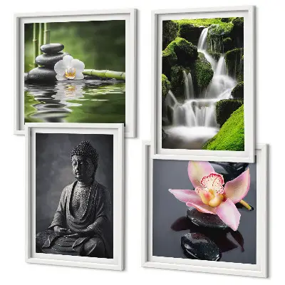 Políptico com moldura de Pinturas Zen com pedras de água e Buda