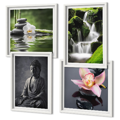 Políptico com moldura Pinturas Zen, pedras de água, Buda