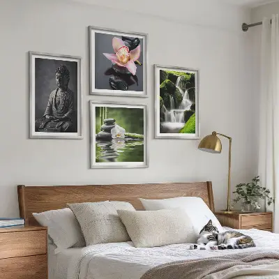 Políptico com moldura de Pinturas Zen com pedras de água e Buda