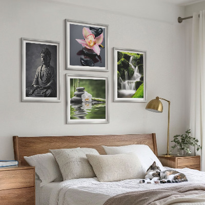 Políptico com moldura Pinturas Zen, pedras de água, Buda
