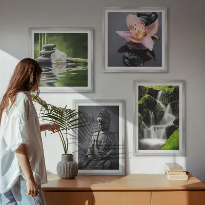 Políptico com moldura de Pinturas Zen com pedras de água e Buda