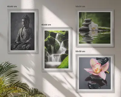 Políptico com moldura de Pinturas Zen com pedras de água e Buda