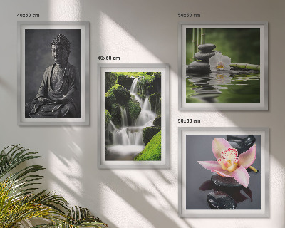 Políptico com moldura Pinturas Zen, pedras de água, Buda