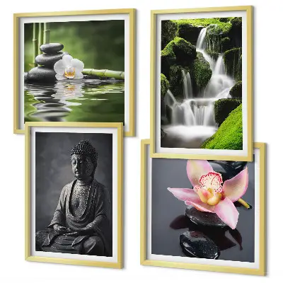Políptico com moldura de Pinturas Zen com pedras de água e Buda
