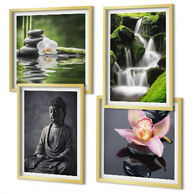 Políptico com moldura Pinturas Zen, pedras de água, Buda
