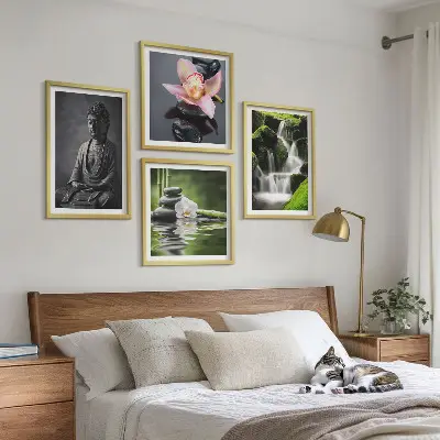 Políptico com moldura de Pinturas Zen com pedras de água e Buda