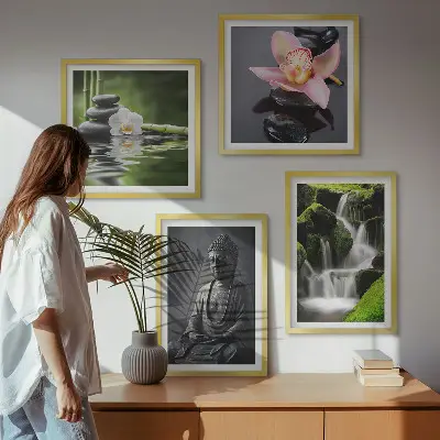 Políptico com moldura de Pinturas Zen com pedras de água e Buda