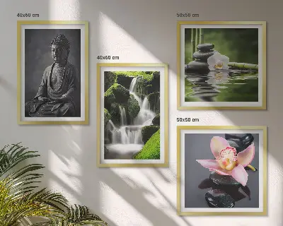 Políptico com moldura de Pinturas Zen com pedras de água e Buda