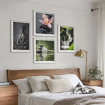 Políptico com moldura de Pinturas Zen com pedras de água e Buda