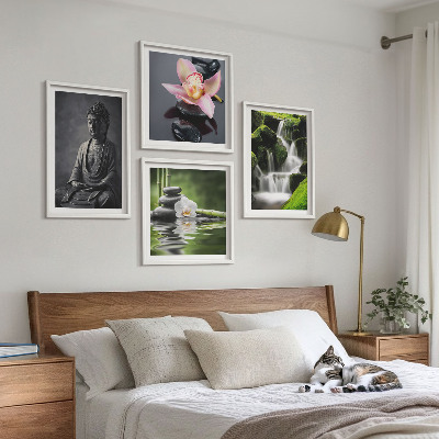 Políptico com moldura Pinturas Zen, pedras de água, Buda