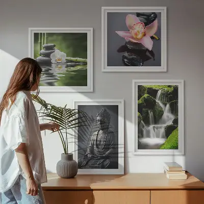 Políptico com moldura de Pinturas Zen com pedras de água e Buda