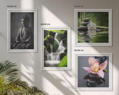 Políptico com moldura de Pinturas Zen com pedras de água e Buda