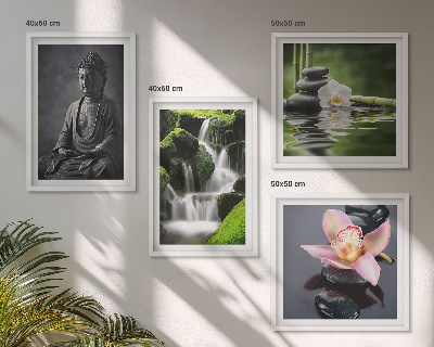 Políptico com moldura Pinturas Zen, pedras de água, Buda