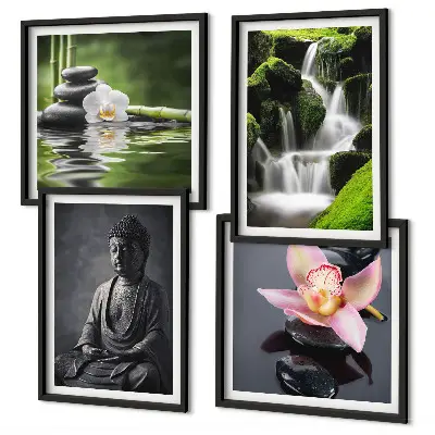 Políptico com moldura de Pinturas Zen com pedras de água e Buda