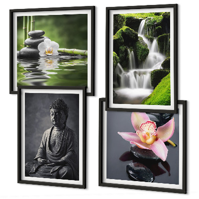Políptico com moldura Pinturas Zen, pedras de água, Buda
