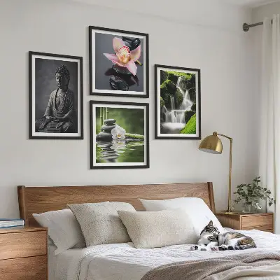 Políptico com moldura de Pinturas Zen com pedras de água e Buda