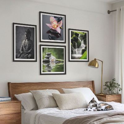 Políptico com moldura Pinturas Zen, pedras de água, Buda
