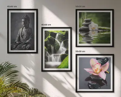 Políptico com moldura de Pinturas Zen com pedras de água e Buda