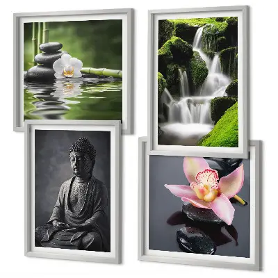 Políptico com moldura de Pinturas Zen com pedras de água e Buda