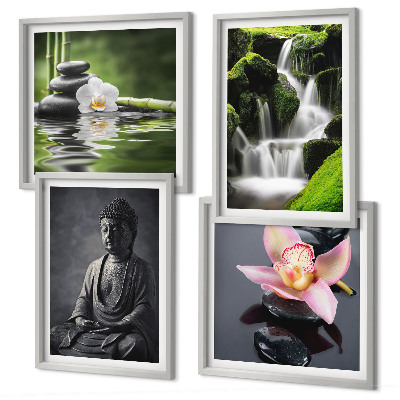 Políptico com moldura Pinturas Zen, pedras de água, Buda