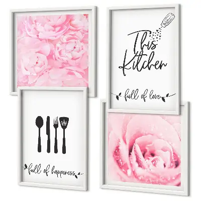 Conjunto de 4 quadros com moldura com delicadas flores de rosa para cozinha