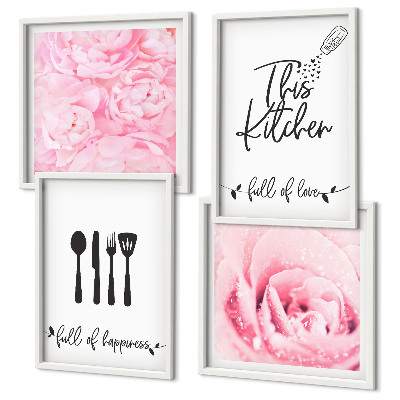 Conjunto de 4 quadros com moldura delicadas flores de rosa na cozinha