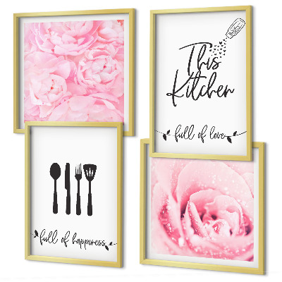 Conjunto de 4 quadros com moldura delicadas flores de rosa na cozinha
