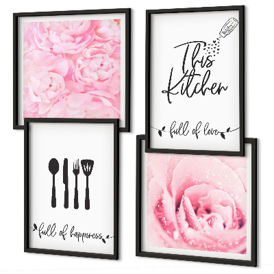 Conjunto de 4 quadros com moldura delicadas flores de rosa na cozinha