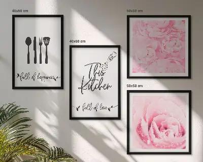 Conjunto de 4 quadros com moldura com delicadas flores de rosa para cozinha