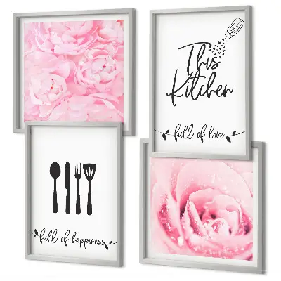 Conjunto de 4 quadros com moldura com delicadas flores de rosa para cozinha