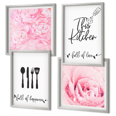 Conjunto de 4 quadros com moldura delicadas flores de rosa na cozinha