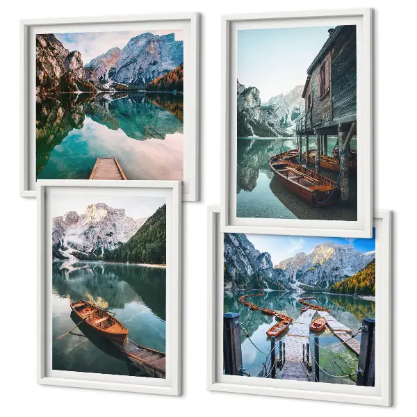 Composição de quadros com lago, montanhas, barcos e chalé