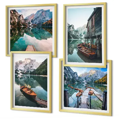 Composição de quadros com lago, montanhas, barcos e chalé