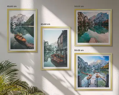 Composição de quadros com lago, montanhas, barcos e chalé