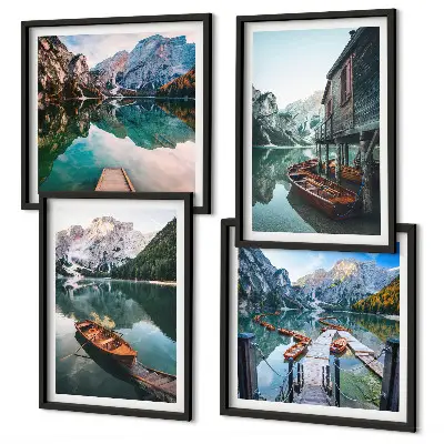 Composição de quadros com lago, montanhas, barcos e chalé