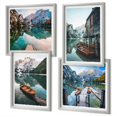 Composição de quadros com lago, montanhas, barcos e chalé