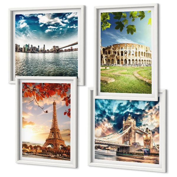 Conjunto de 4 quadros com moldura Monumentos da Europa em cores quentes