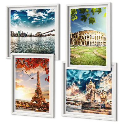 Conjunto de 4 quadros com moldura Monumentos da Europa em cores quentes