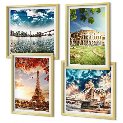 Conjunto de 4 quadros com moldura Monumentos da Europa em cores quentes