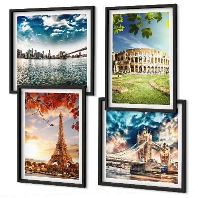 Conjunto de 4 quadros com moldura Monumentos da Europa em cores quentes