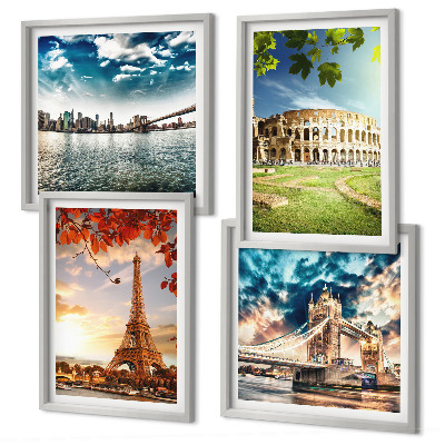 Conjunto de 4 quadros com moldura Monumentos da Europa em cores quentes