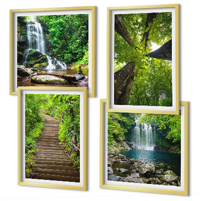 Composição de quadros Trilha na floresta com cachoeira e vegetação
