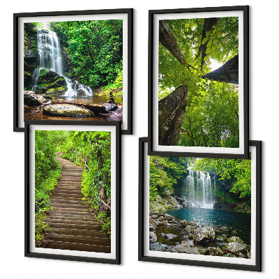 Composição de quadros Trilha na floresta com cachoeira e vegetação