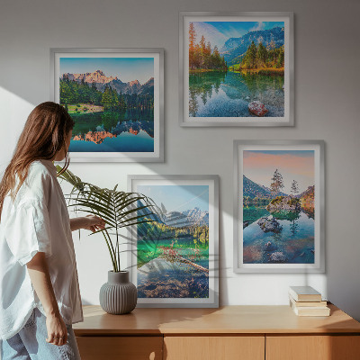 Conjunto de 4 quadros com moldura paisagem natural de lagos de montanha