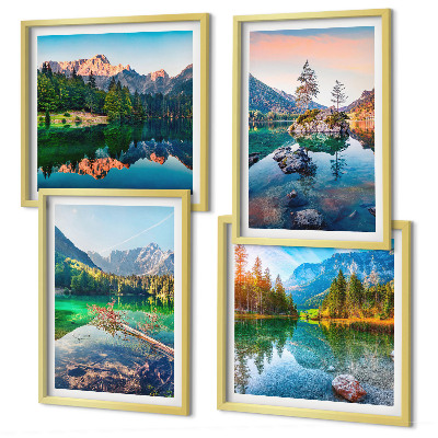Conjunto de 4 quadros com moldura paisagem natural de lagos de montanha